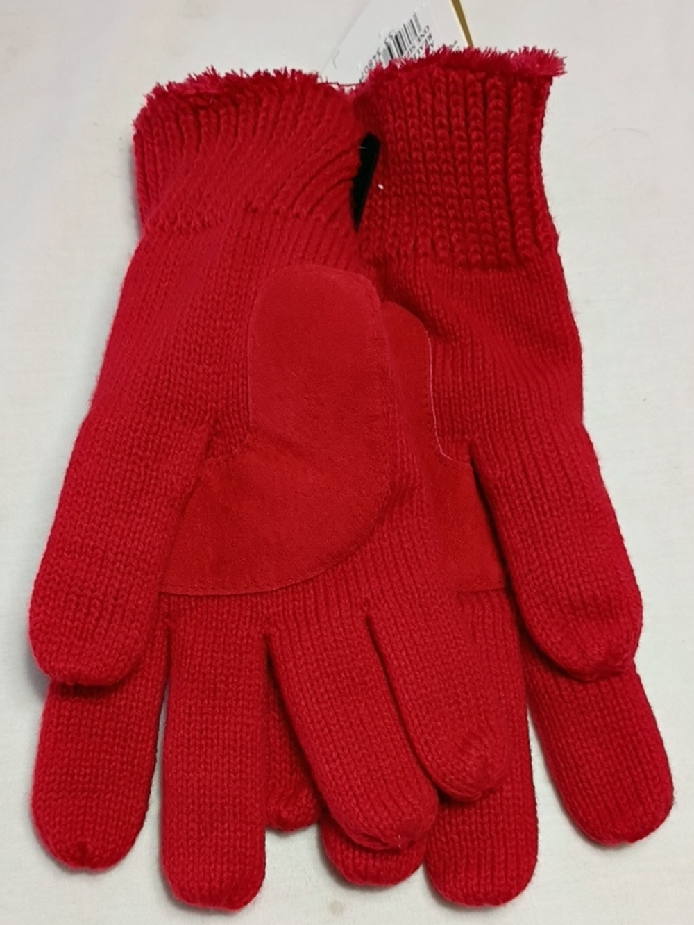 NWT Isotoner Red Knit Gloves with Suede Palm Patch Women's One Size Winter - Picture 6 of 7